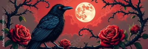 Majestic raven perched amidst red roses under full moon with thorny branches and clouds