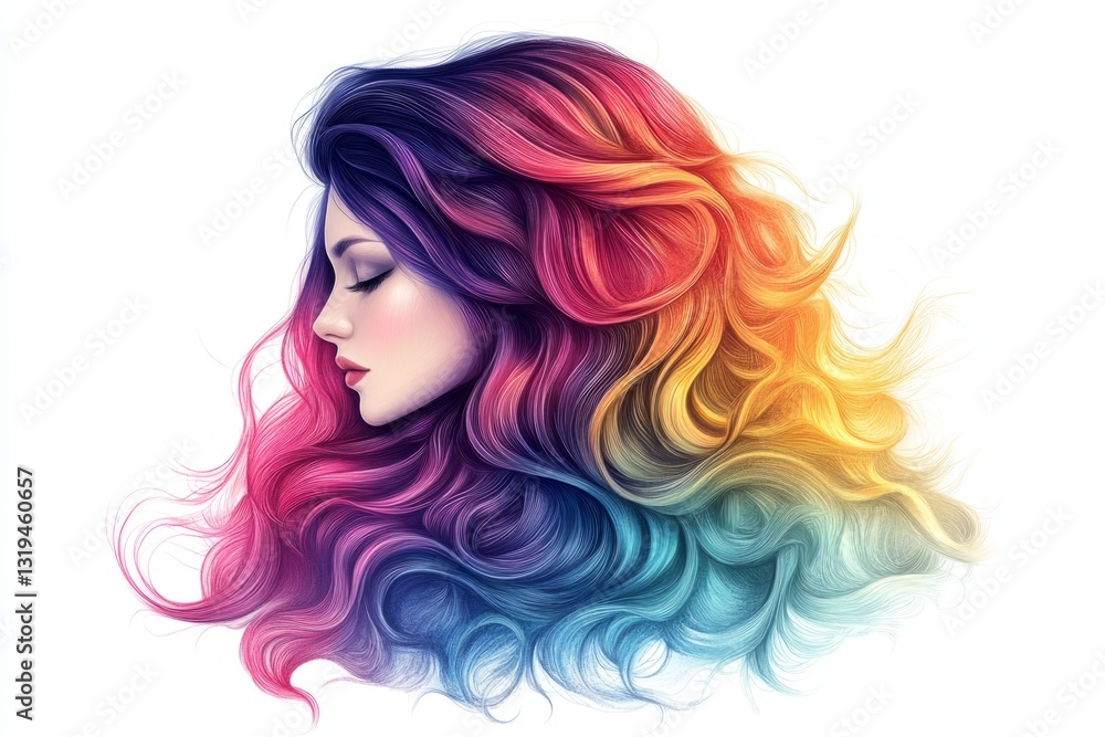 Profile of a beautiful woman with long and wavy rainbow hair Profile of a beautiful woman with long and wavy rainbow hair