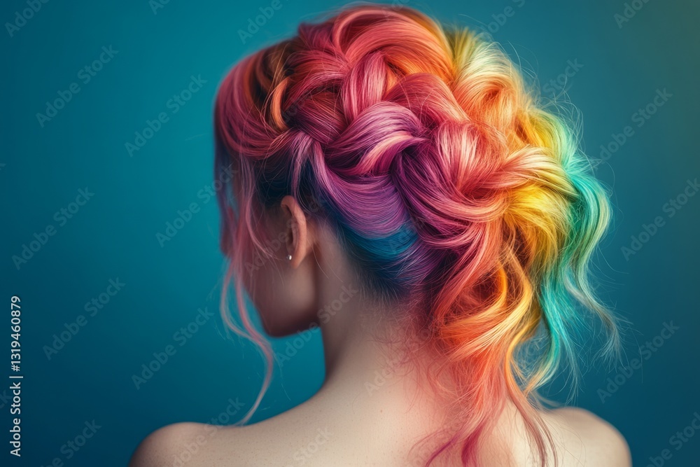 Naklejka premium Model showing her colorful rainbow hair with a braided hairstyle on a blue background
