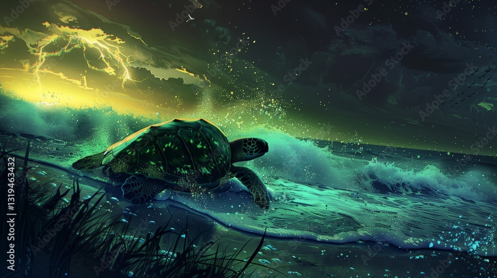 Fototapeta premium A sea turtle swimming through glowing, bioluminescent ocean waves