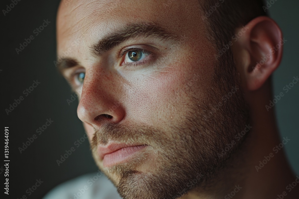 Obraz premium Close-up portrait of a contemplative young man with short beard and green eyes, gazing thoughtfully into the distance
