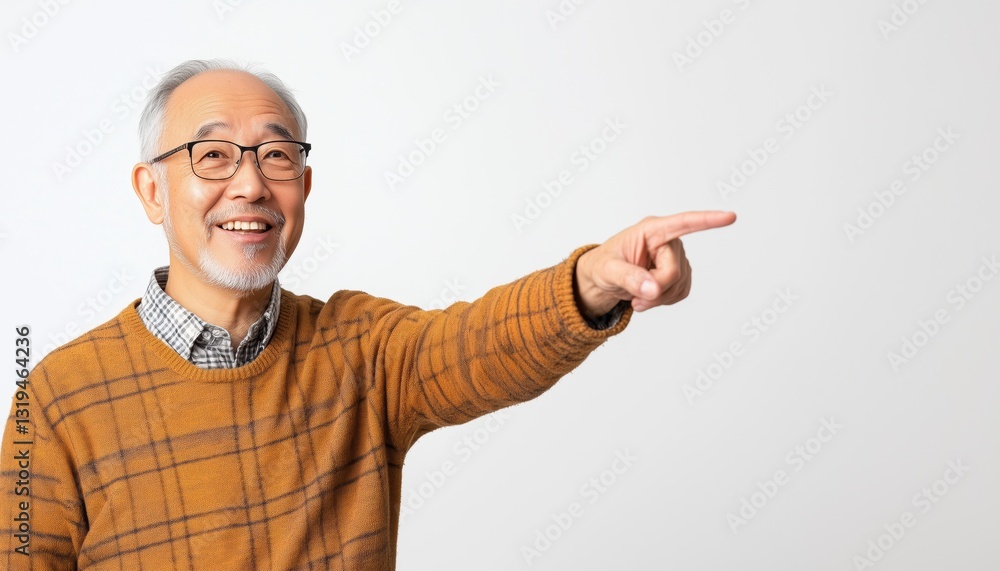 Happy Asian Senior Man Pointing Towards Blank Space On White Background, Smiling Elderly Man Showing Room For Copy. Happy Asian Senior Man Pointing Towards Blank Space On White Background, Smiling Elderly Man Showing Room For Copy.
