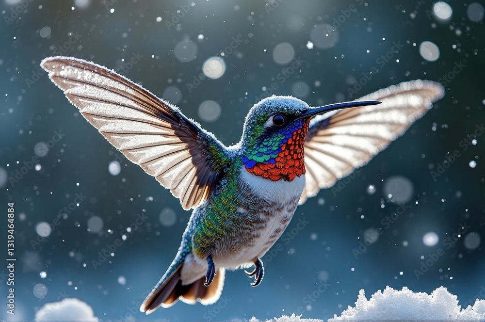 Fototapeta premium Colorful hummingbird with snow-dusted wings in flight
