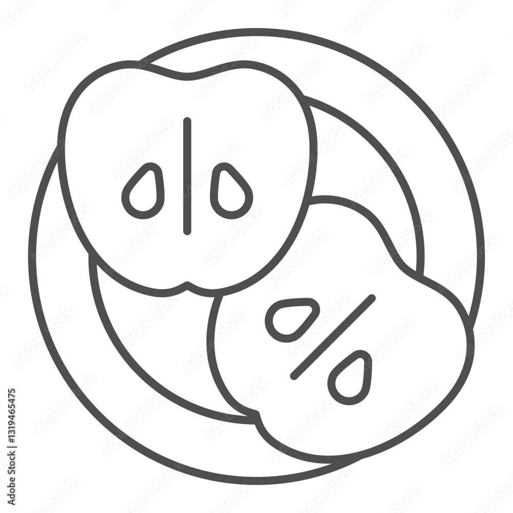 Apple fruit slices in plate thin line icon, eat what you want concept. Vector graphics. Fresh food dish sign on white background, outline style icon for mobile or web design. Apple fruit slices in plate thin line icon, eat what you want concept. Vector graphics. Fresh food dish sign on white background, outline style icon for mobile or web design.