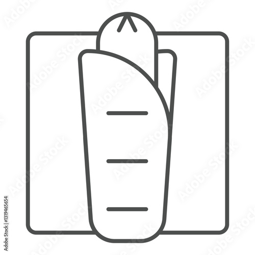 Lavash dough with sausage on napkin thin line icon, grocery food concept. Vector graphics. Meat snack sign on white background, outline style icon for mobile or web design.