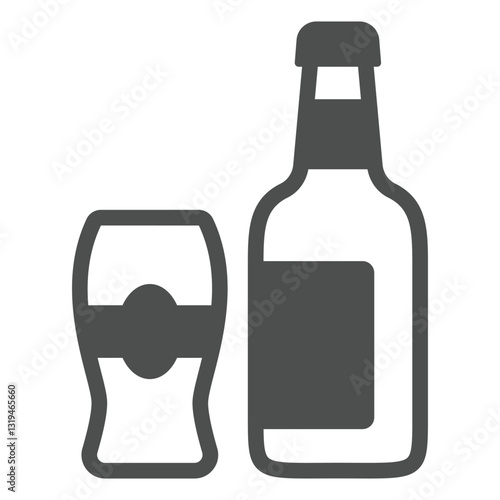 Bottle of beer and glass solid icon, low alcohol beverages concept. Vector graphics. Bar drink sign on white background, glyph style icon for mobile or web design.