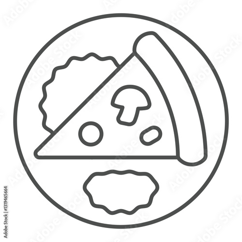 Pizza slice sauce piece in plate thin line icon, bakery products concept. Vector graphics. Food dish sign on white background, outline style icon for mobile or web design.