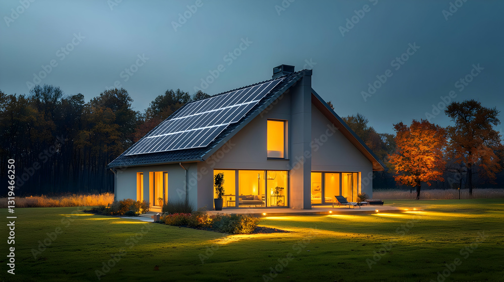 Illuminated Modern House With Solar Panels On Roof At Dusk Surrounded By Green Grass And Trees Illuminated Modern House With Solar Panels On Roof At Dusk Surrounded By Green Grass And Trees