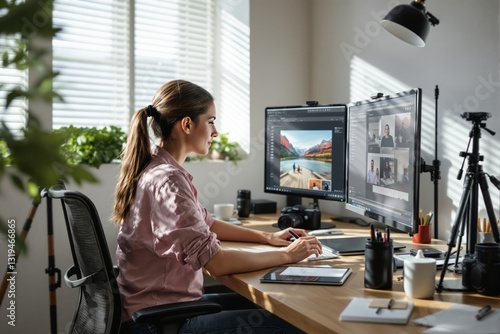 Woman using dual monitors for creative work and video calls in a well-lit home office with a modern background. Concept of remote work and productivity. Ai generative