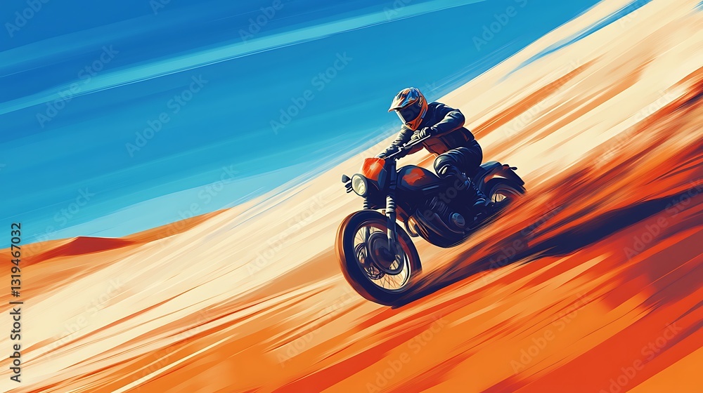 Fototapeta premium A rider on a motorcycle traverses the desert dunes landscape