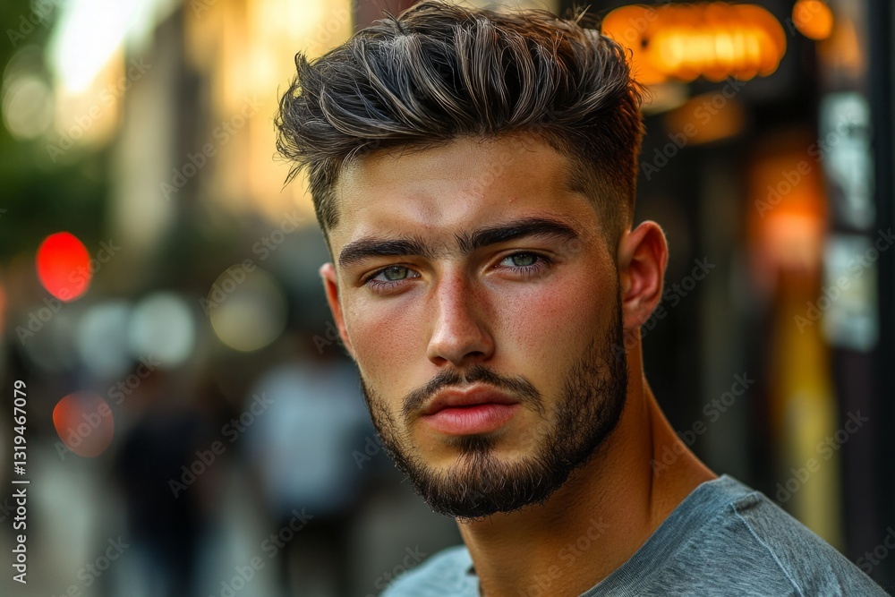 Portrait of a serious young man with trendy haircut and beard posing in an urban context Portrait of a serious young man with trendy haircut and beard posing in an urban context
