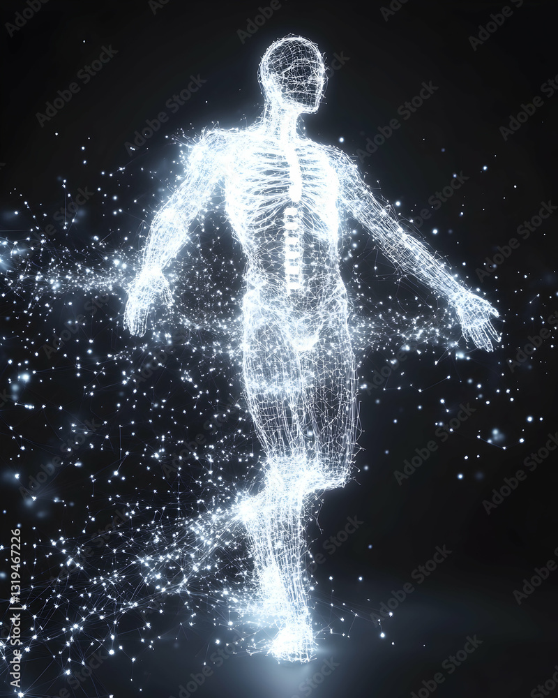 Glowing human form lines points of light dark background Glowing human form lines points of light dark background