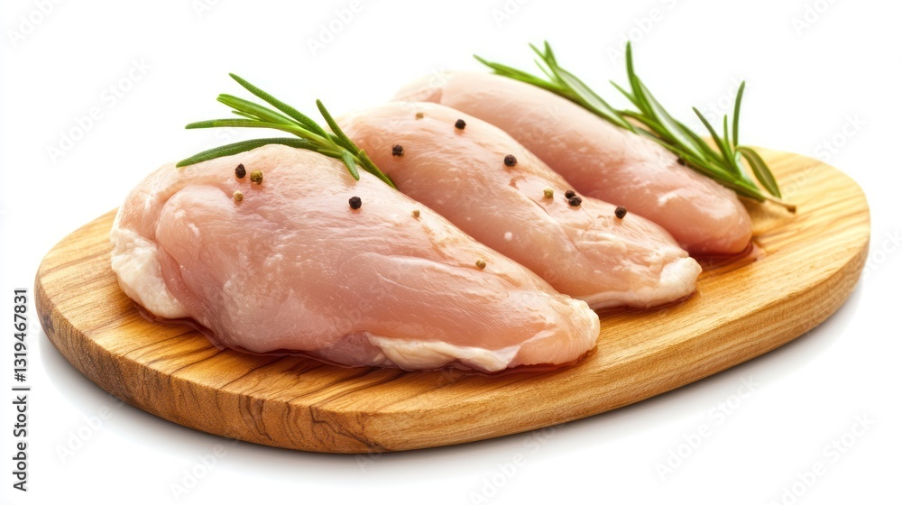 Raw chicken breasts on wooden cutting board, isolated