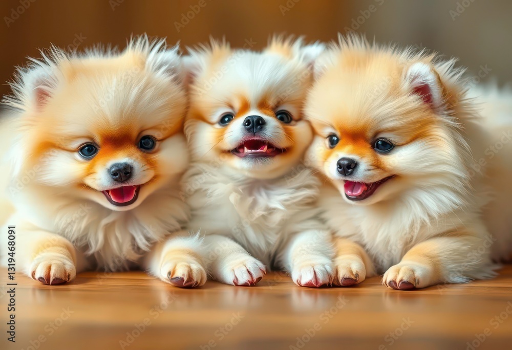Obraz premium Three fluffy Pomeranian puppies, smiling, lying down together, Pomeranian, adorable