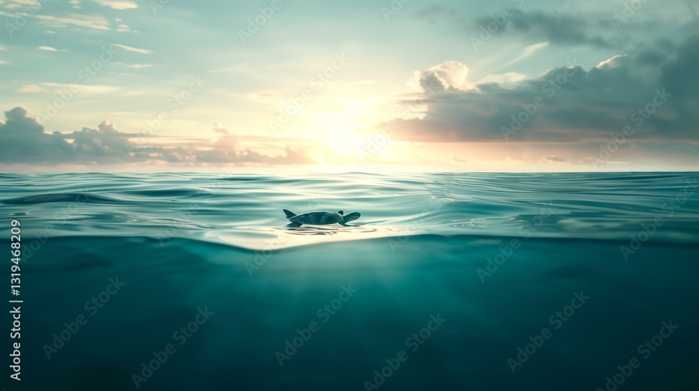 Obraz premium A serene ocean landscape with a sea turtle floating peacefully in the distance