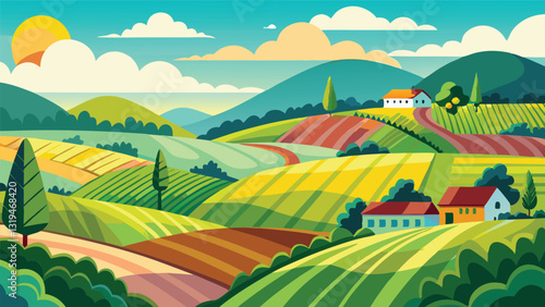 Idyllic Rural Landscape Rolling Green Hills Farmhouses Sunny Day