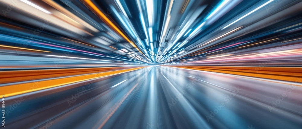 A dark tunnel illuminated by streaking blue and orange lights, evoking a feeling of rapid movement. A dark tunnel illuminated by streaking blue and orange lights, evoking a feeling of rapid movement.