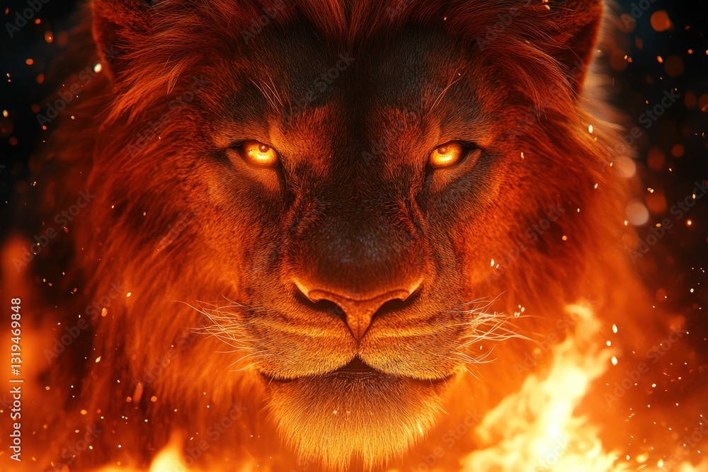 Naklejka premium Fiery lion portrait, intense gaze, burning mane.