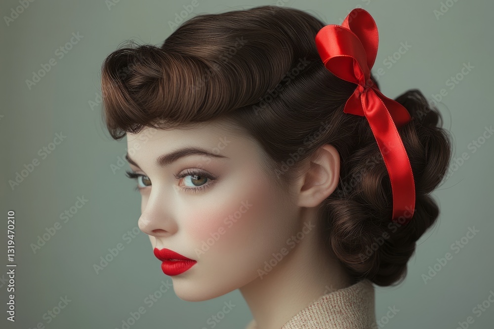 Naklejka premium Beautiful fashion model posing with red ribbon in hair and red lipstick