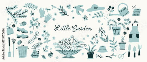 Whimsical collection of various garden elements. Vector hand drawn illustration. All elements are isolated.