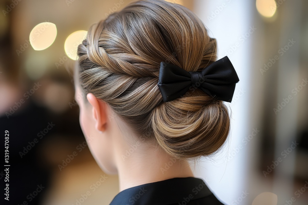 Fototapeta premium Woman with elegant bun hairstyle and black bow, perfect for weddings, proms, or other formal events