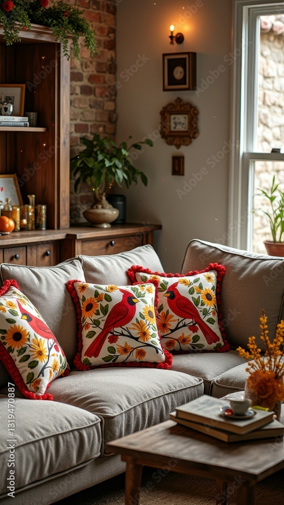Fototapeta premium Cozy living room with beige sofa and colorful bird-patterned cushions