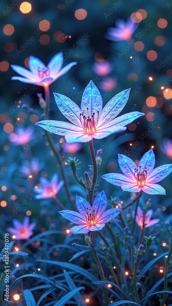 Glowing blue flowers in twilight garden with magical firefly lights Glowing blue flowers in twilight garden with magical firefly lights