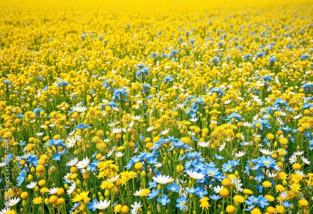 Fototapeta premium Vibrant blue and white blossoms scattered across a sunny yellow field, daylight, colorful