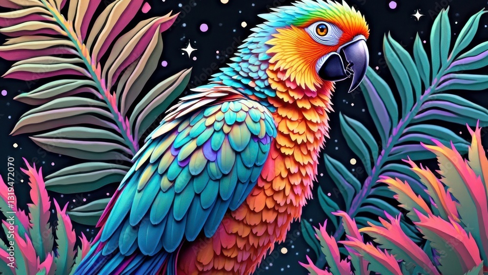 Obraz premium Colorful parrot with vibrant feathers against starry night background