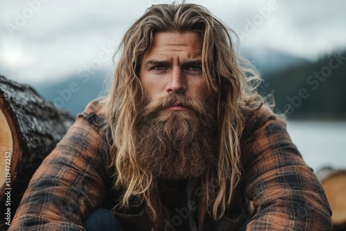 Portrait of a lumberjack with long hair and beard posing confidently near a stack of logs in a natural setting