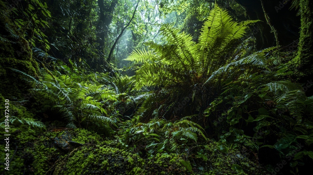 Fototapeta premium Exploring a dense rainforest oasis tropical region nature photography lush environment ground-level view adventure