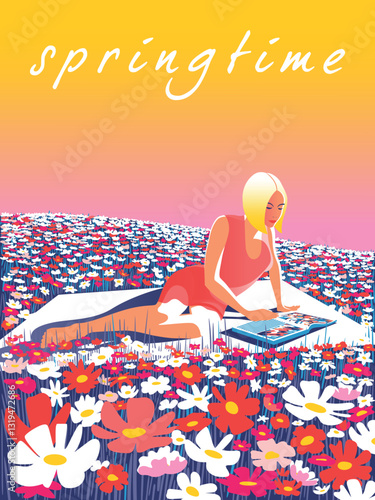 Girl reading a book on a picnic blanket in a flowering meadow. Springtime's poster or banner. Handmade drawing pop art style vector illustration.