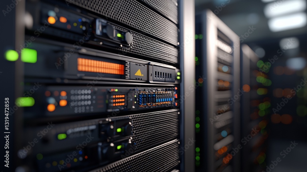 Close up of modern data server racks with network equipment Close up of modern data server racks with network equipment