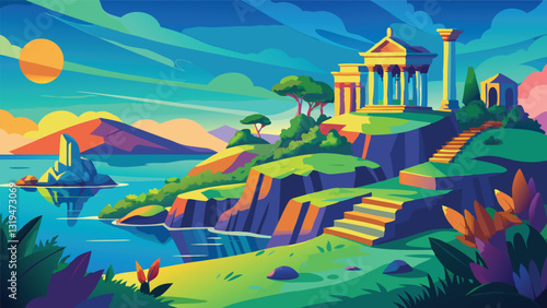 Idyllic Seaside Temple Vibrant Landscape Illustration with Steps and Cliffs