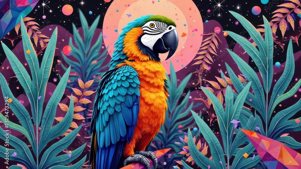 Obraz premium Vibrant parrot in mystical jungle with full moon