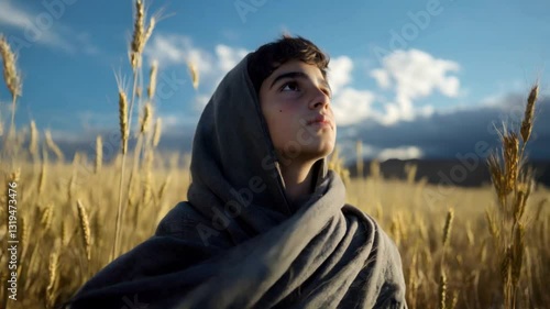 A young Joseph wearing a gray robe, standing in a field, gazing at the sky as if lost in a prophetic dream. 