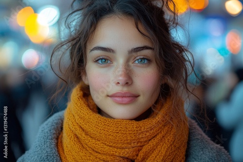 Wallpaper Mural Young woman with blue eyes wearing an orange scarf in a bustling environment Torontodigital.ca