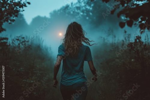 Fototapeta Naklejka Na Ścianę i Meble -  Young woman running through foggy forest at night toward mysterious light in distance