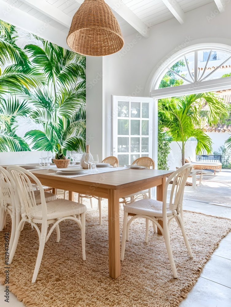 Obraz premium Bright, airy dining area with tropical decor. Open to a lush outdoor space