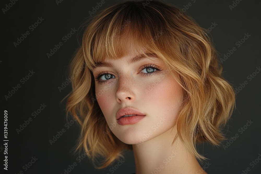 Studio portrait of beautiful young woman with wavy blonde hair, freckles, and light makeup showcasing natural beauty Studio portrait of beautiful young woman with wavy blonde hair, freckles, and light makeup showcasing natural beauty