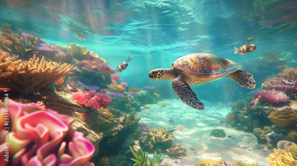 Fototapeta premium A vibrant and dynamic scene of a sea turtle exploring a shallow coral lagoon