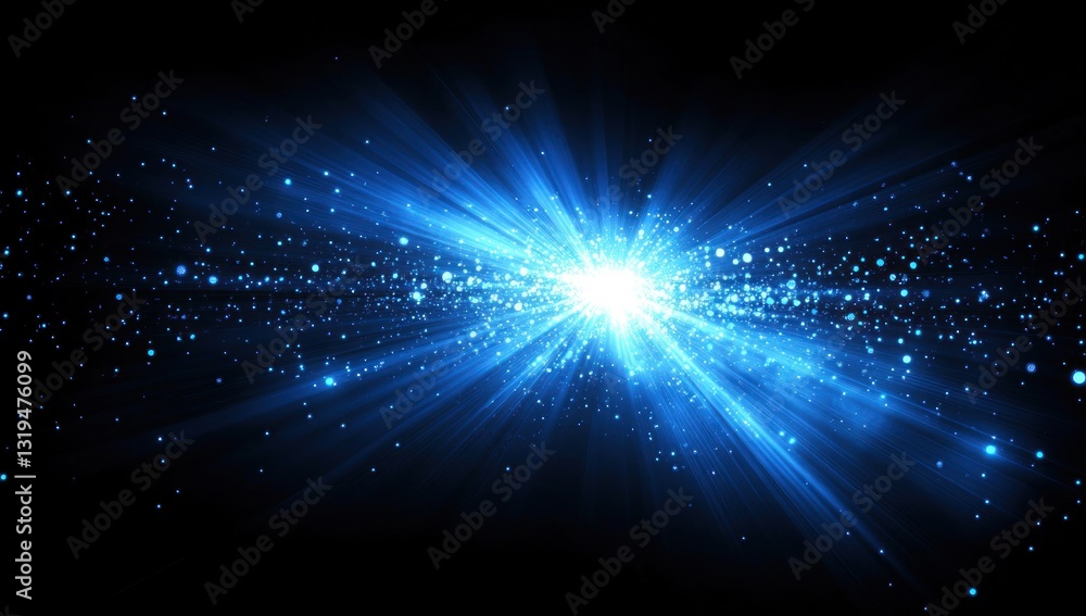 Bright blue light burst radiating from center, sparkles on black background. Bright blue light burst radiating from center, sparkles on black background.