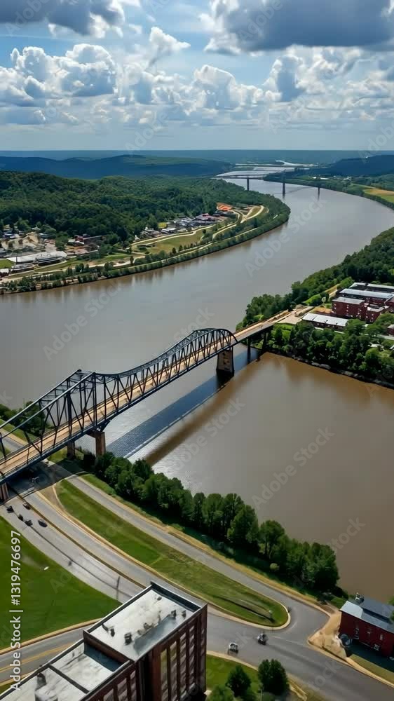 Expansive view of the river and bridge with lush greenery under a cloudy sky Expansive view of the river and bridge with lush greenery under a cloudy sky