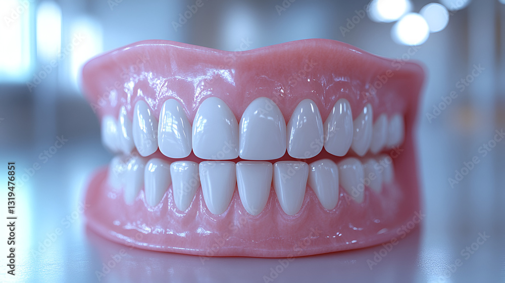 Obraz premium Dental prosthesis with full set of teeth, realistic dentures, oral hygiene, medical dental care 
