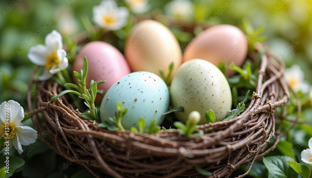 Speckled eggs in handmade nest with greenery and blossoms Speckled eggs in handmade nest with greenery and blossoms