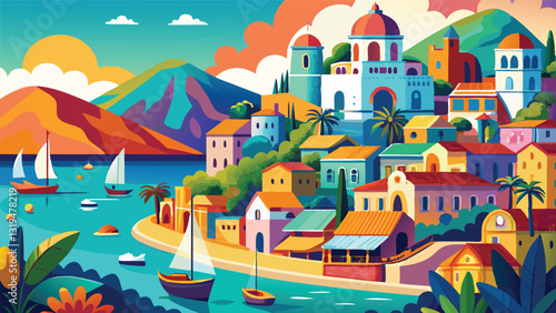 Vibrant Coastal Town Illustration Colorful Houses Boats and Mountains