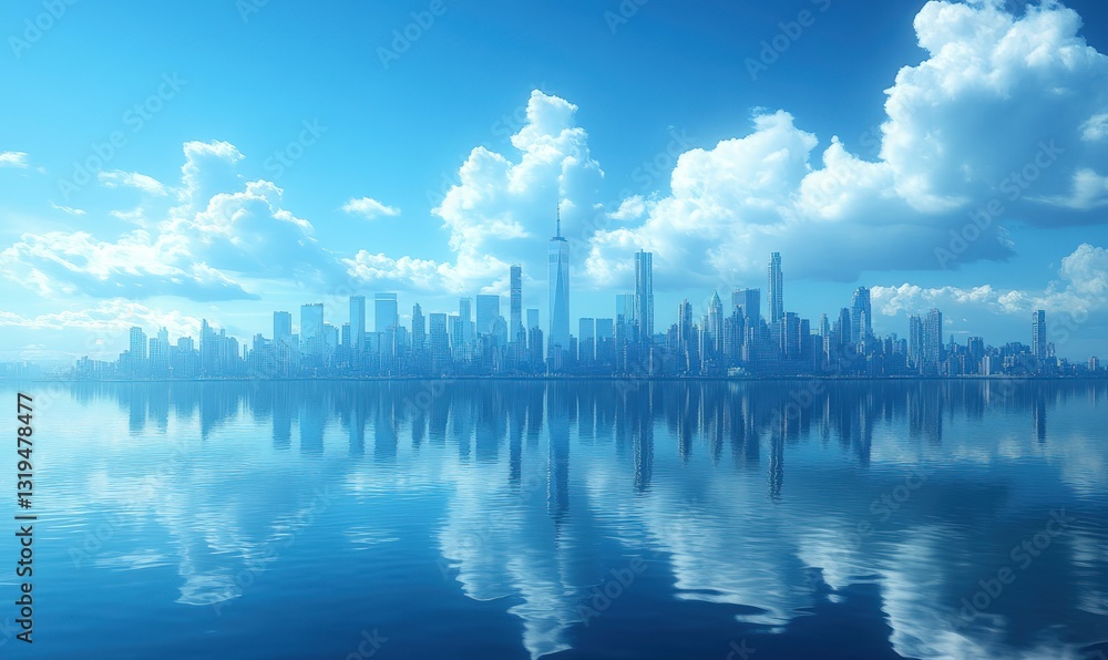 Fototapeta premium City skyline reflected in calm blue water