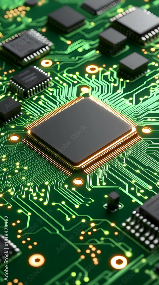 Close-up of a circuit board with a central microprocessor chip Close-up of a circuit board with a central microprocessor chip