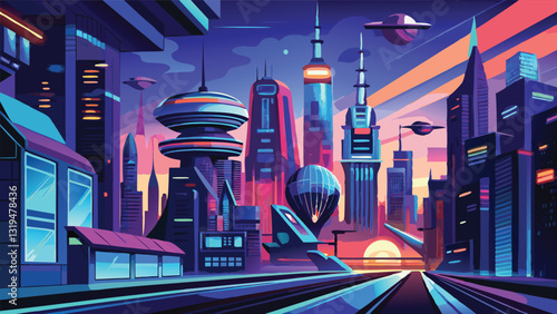 Futuristic Cityscape at Sunset Vibrant Neon Colors and Unique Architecture Skyline Illustration