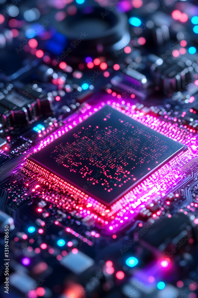 Close-up of a glowing processor on a circuit board Close-up of a glowing processor on a circuit board